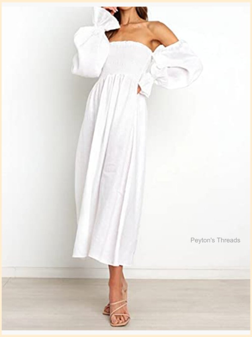 Long Sleeve Smocked Off Shoulder A-Line Midi Dress Casual Flowy - Picture 2 of 7